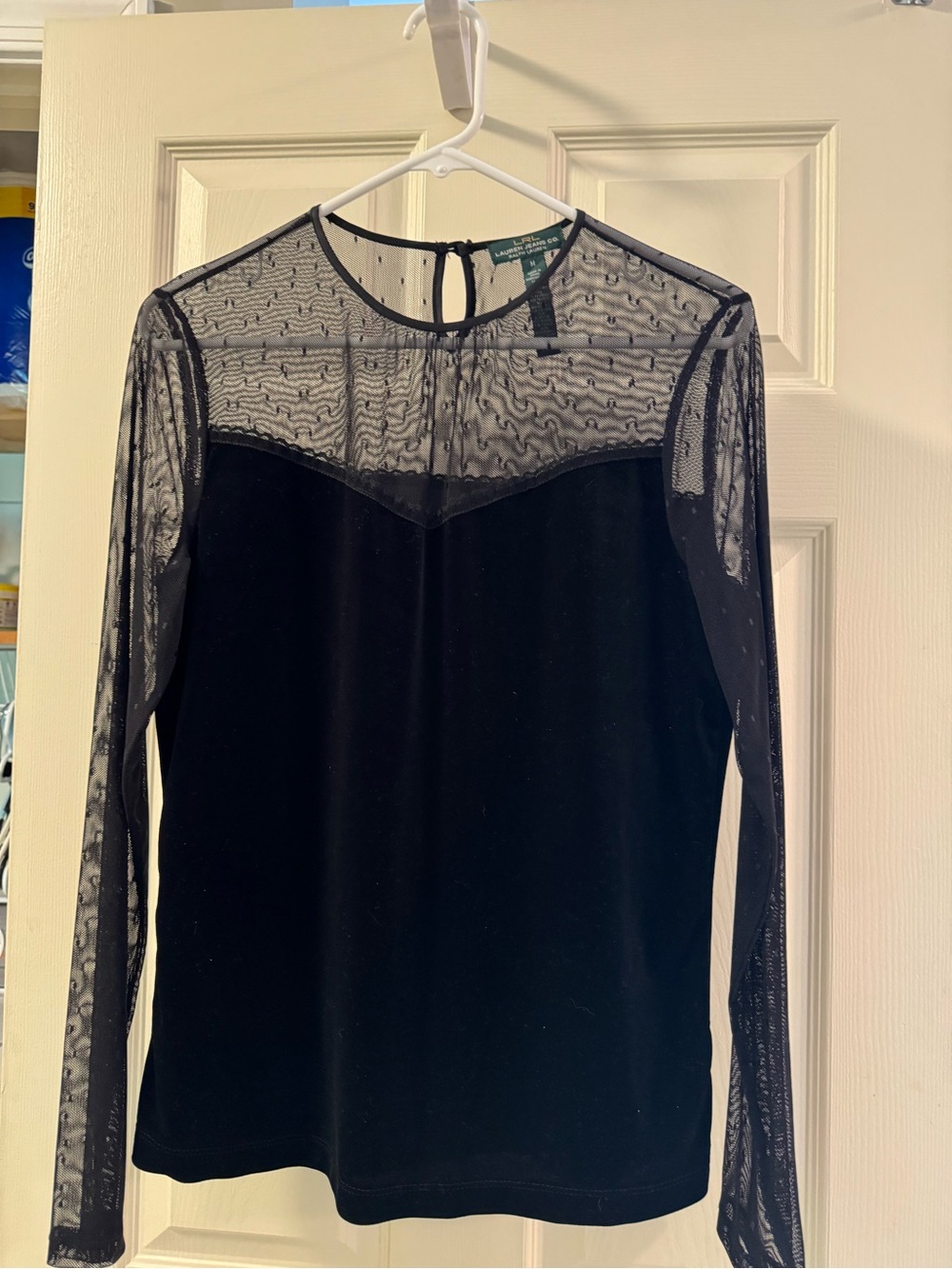 Lauren Jeans Co Formal Top Black Lace/velvet Long Sleeve Round Neck